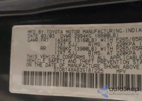 2003 Toyota Sequoia Limited from USA, damaged, VIN 5TDBT48A83S181225